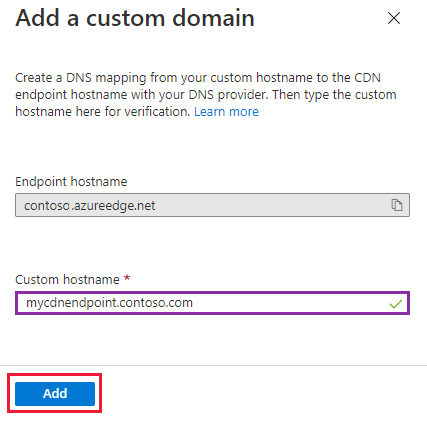 Screenshot dell'aggiunta di una pagina di dominio personalizzata per un endpoint della rete CDN.