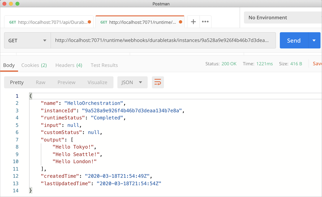 Screenshot che mostra il codice dell'app Durable Functions in Visual Studio Code.