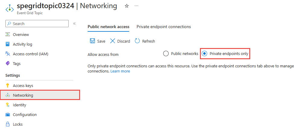 Screenshot che mostra la pagina Accesso alla rete pubblica con l'opzione Solo endpoint privati selezionata.
