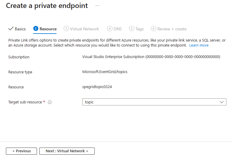 Screenshot che mostra la pagina Risorsa della procedura guidata Crea un endpoint privato.