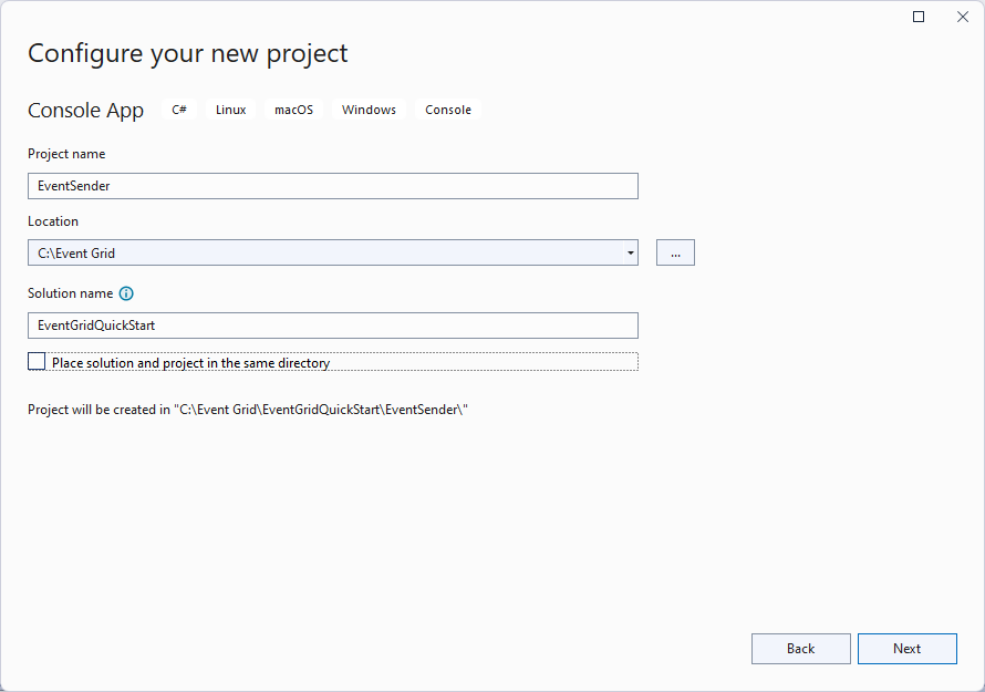 Screenshot che mostra i nomi della soluzione e del progetto nella finestra di dialogo Configura il nuovo progetto.
