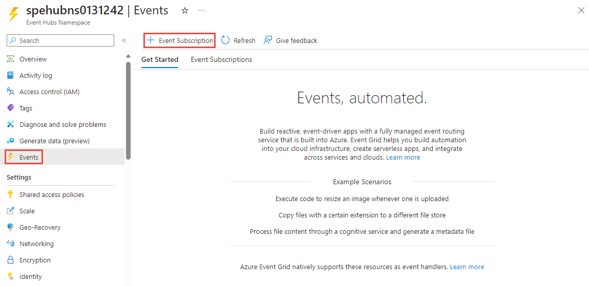 Screenshot of the Events page for an Event Hubs namespace with Add event subscription link selected. 