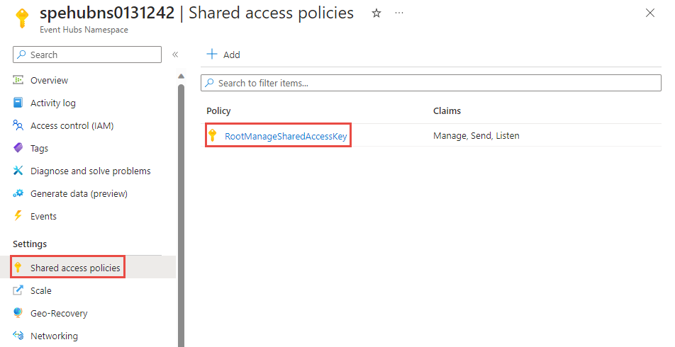 Screenshot showing the Shared access policies page for an Event Hubs namespace.