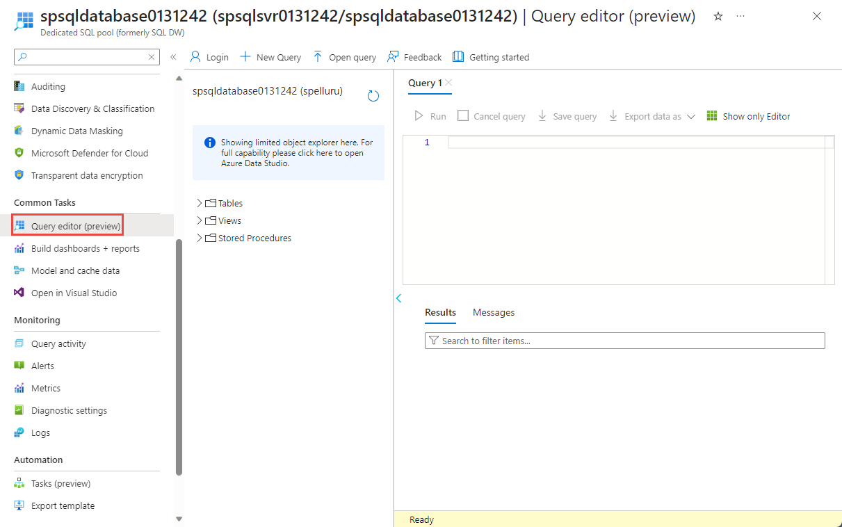 Screenshot showing the selection of Query Editor on a Dedicated SQL pool page in the Azure portal.