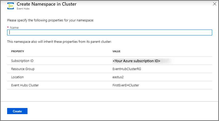 Immagine che mostra lo spazio dei nomi Crea nella pagina del cluster.