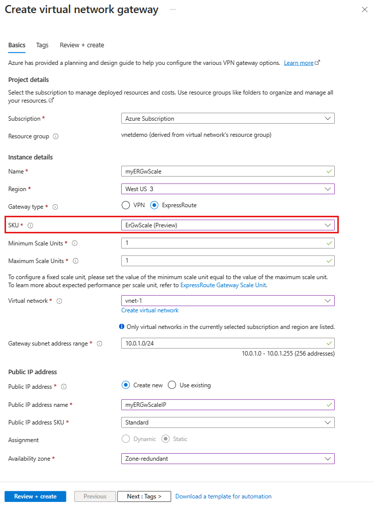 Screenshot that shows the Add subnet page for adding the gateway subnet.