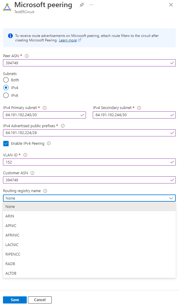 Screenshot che mostra come aggiornare Microsoft configurazione del peering.