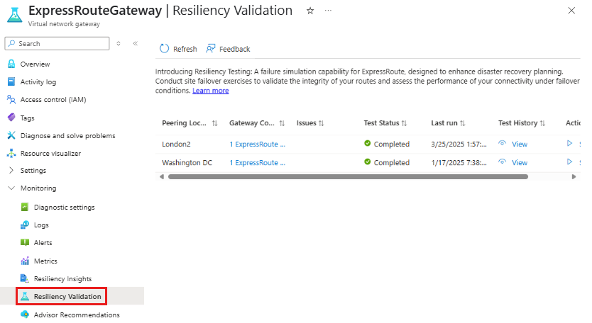Screenshot della funzionalità di convalida della resilienza, accessibile nella sezione Monitoraggio nel menu a sinistra della risorsa del gateway ExpressRoute.