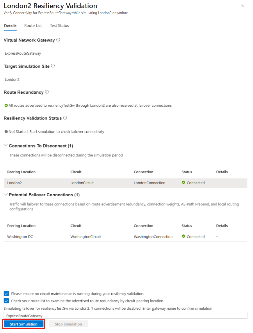 Screenshot che mostra la pagina test di convalida della resilienza.