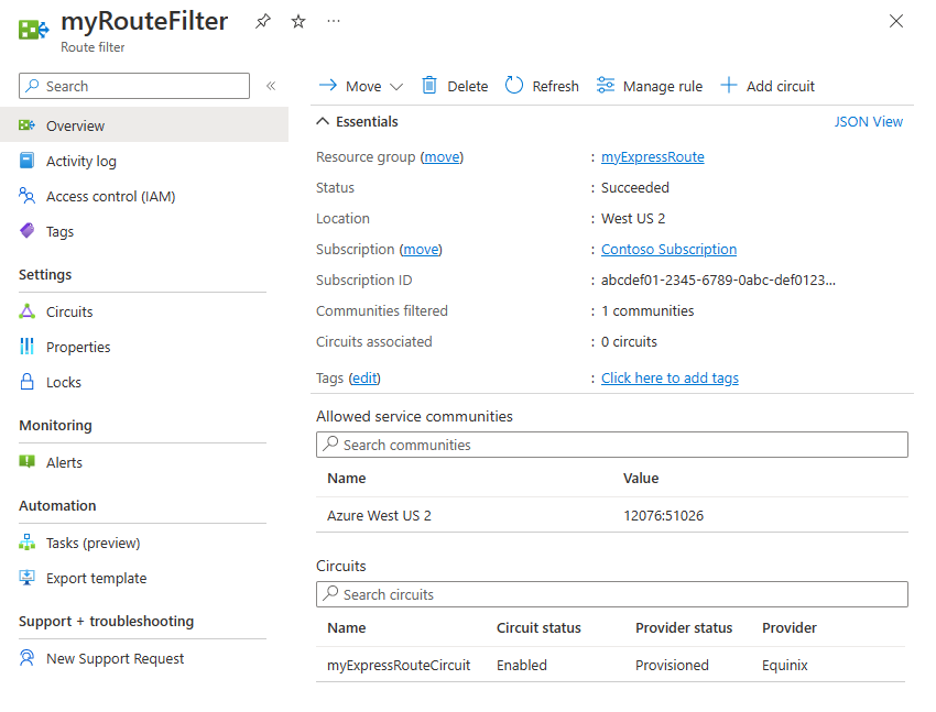 Screenshot of a route filter overview page.