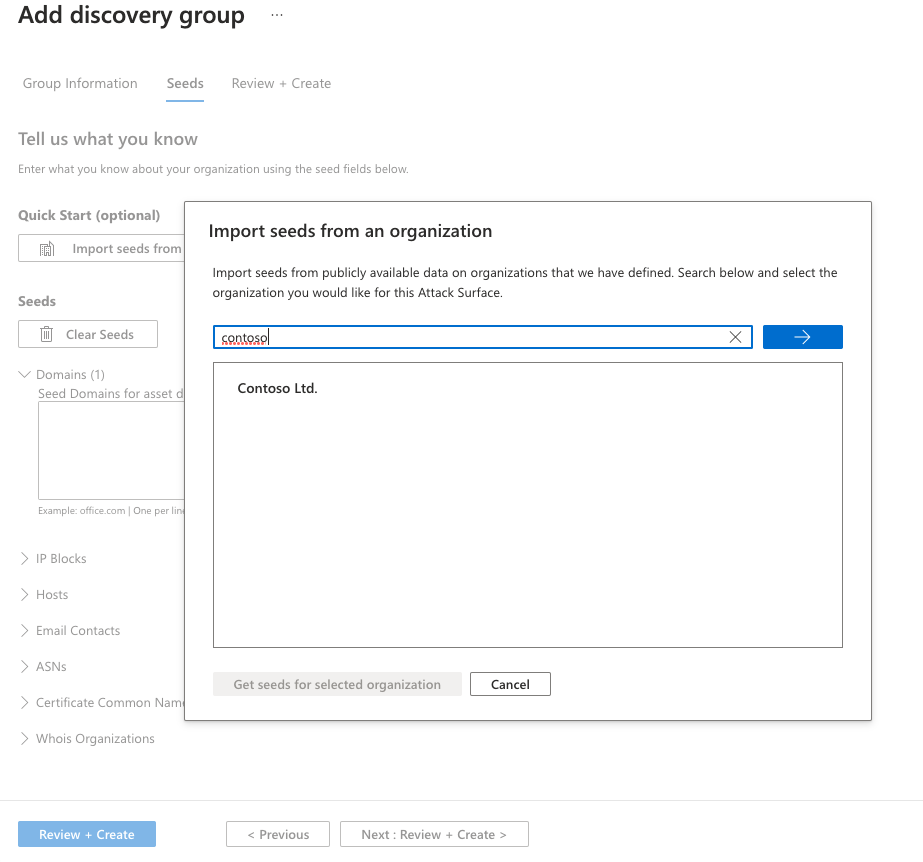 Screenshot della pagina di selezione della superficie di attacco predefinita, quindi dell'output nell’elenco dei valori di inizializzazione