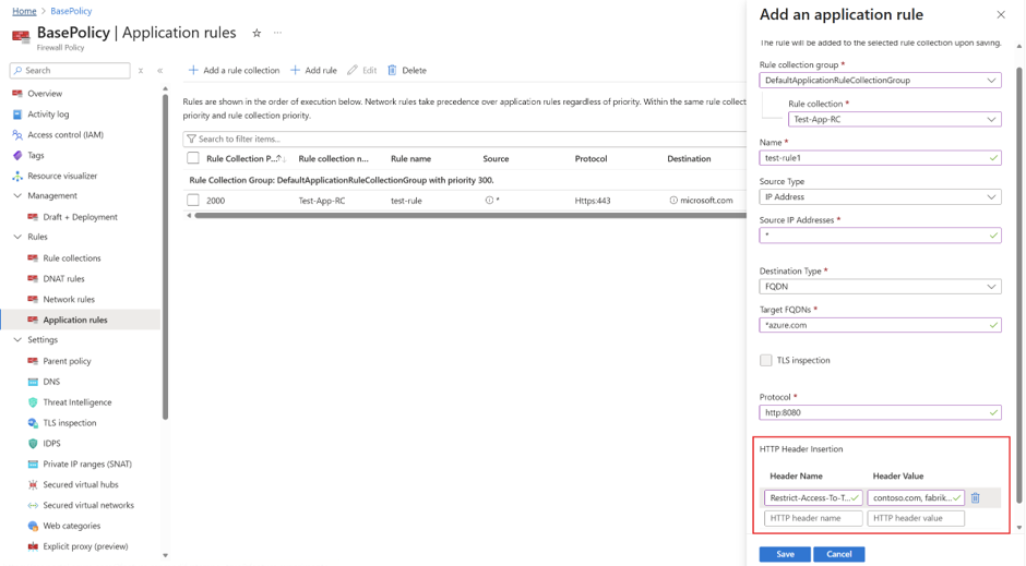 Schermata della configurazione dell'inserimento dell'intestazione HTTP in Firewall di Azure.