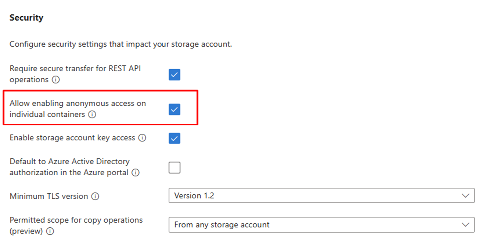 Screenshot della scheda Avanzate dell'account di archiviazione che mostra la sezione Sicurezza con l'opzione Consenti l'abilitazione dell'accesso anonimo nei singoli contenitori.