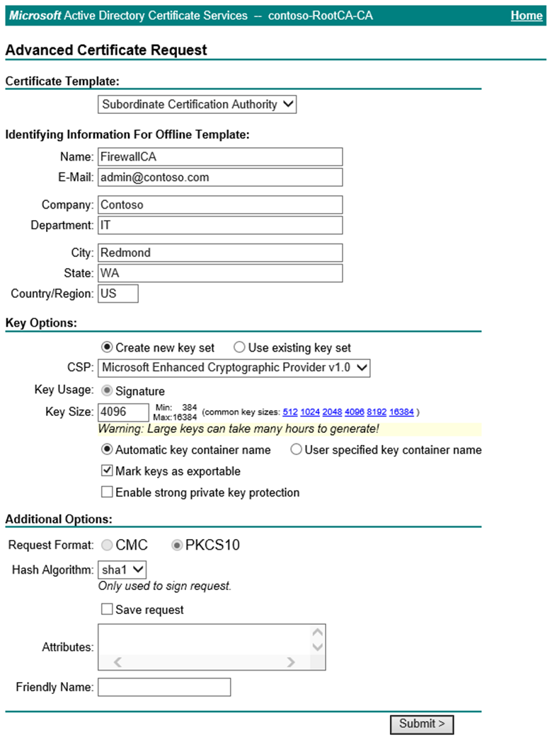 Screenshot della richiesta di certificato avanzata