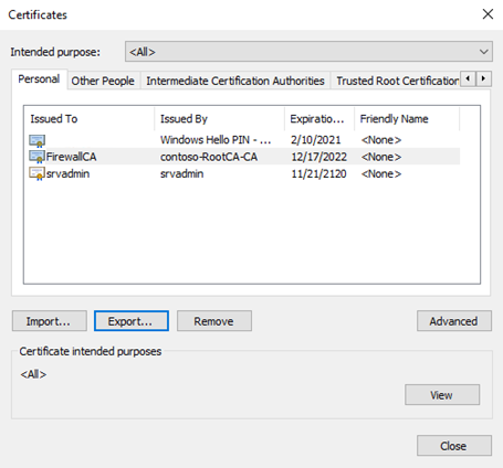 Screenshot del certificato di esportazione