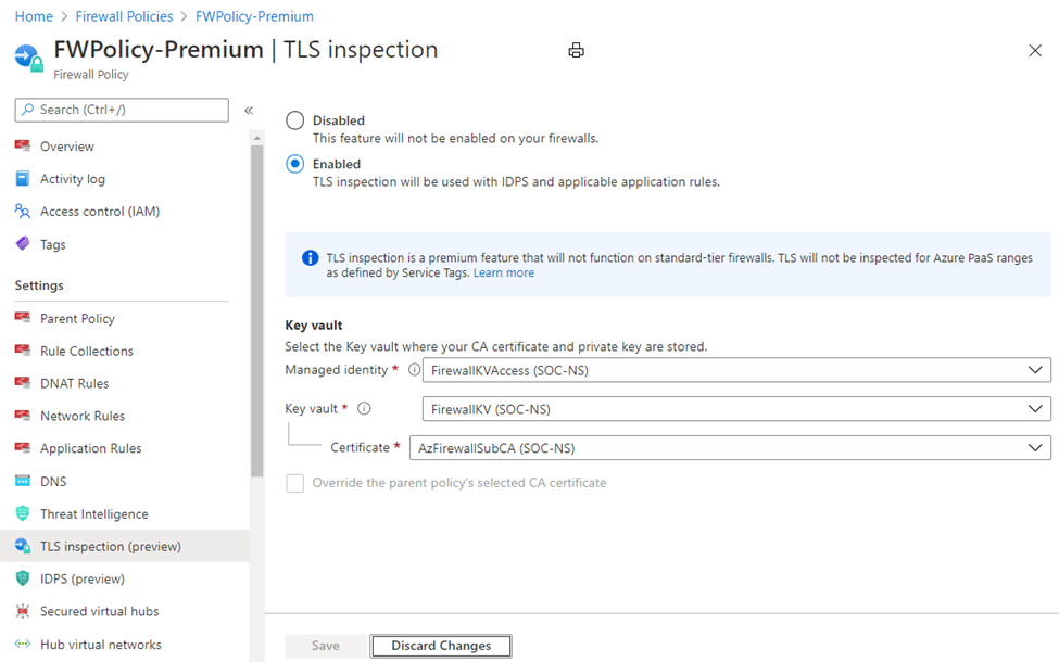Screenshot showing Firewall Policy TLS Inspection configuration