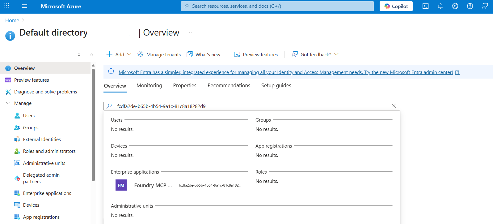 Screenshot dell'app MCP in Entra ID.