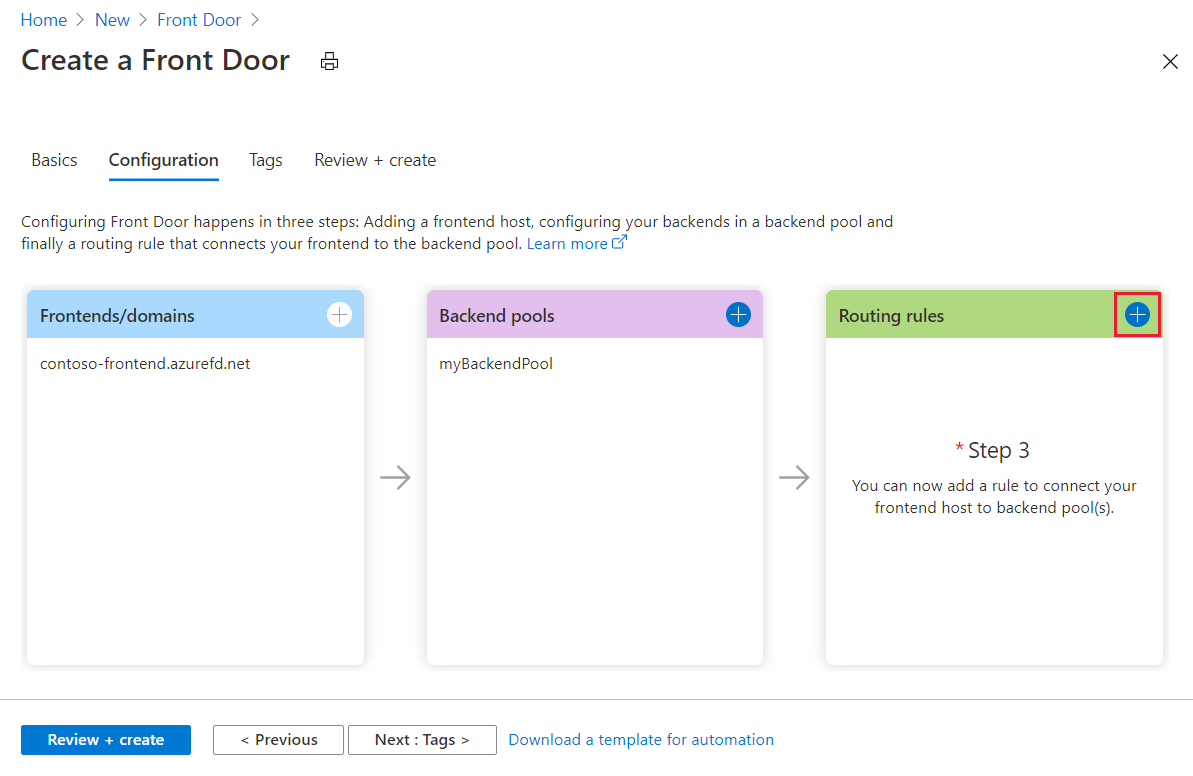 Screenshot dell'aggiunta di una route nella finestra di progettazione di Frontdoor.