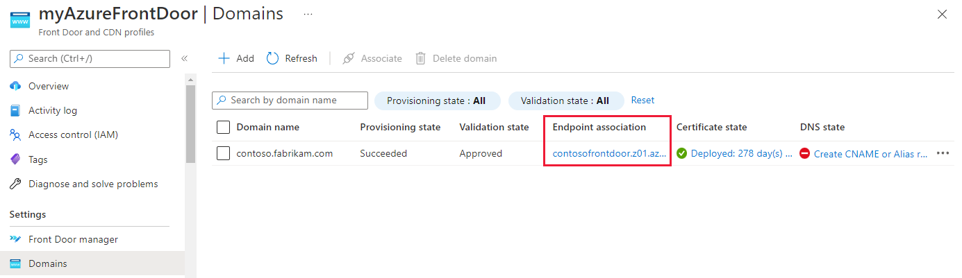 Screenshot che mostra il collegamento Associazione endpoint.