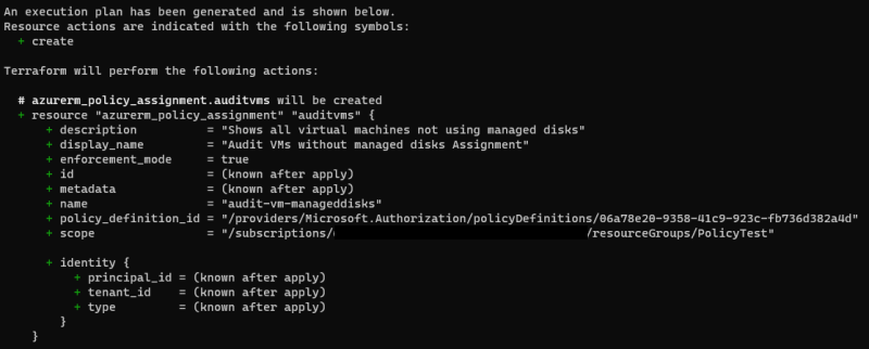 Screenshot dell'esecuzione del comando terraform plan con il parametro out per visualizzare la risorsa di Azure che verrà creata.