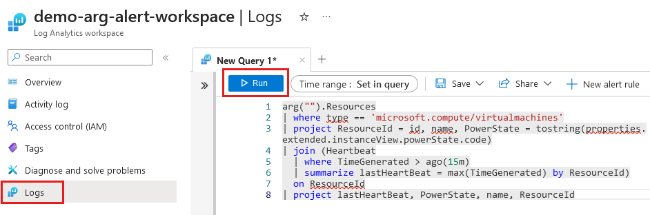 Screenshot dell'area di lavoro Log Analytics con una query incrociata delle tabelle Resources and Heartbeat che evidenzia i log e il pulsante Esegui.