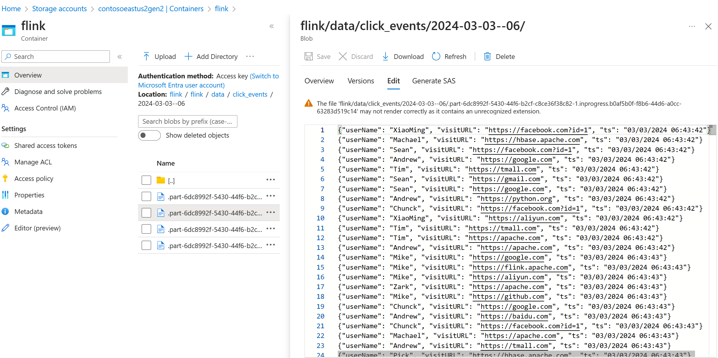 Screenshot che mostra l'output dell'evento Flink click.