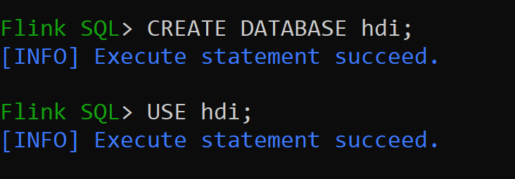 Screenshot che mostra la creazione di database nel catalogo hive e la relativa impostazione predefinita per la sessione.