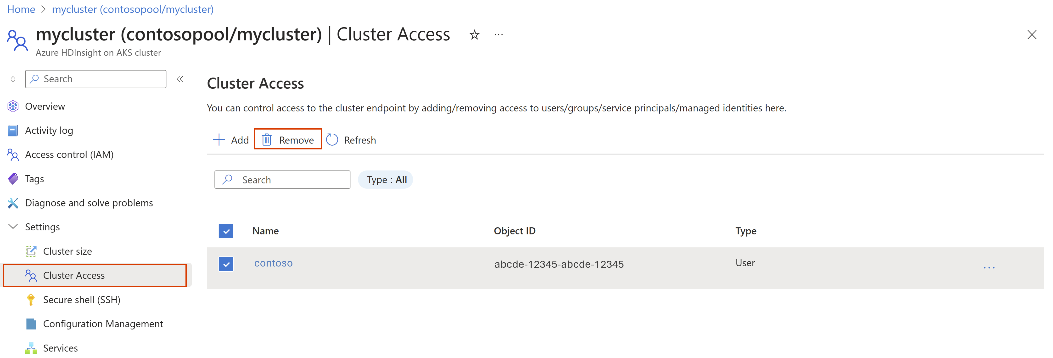 Screenshot che mostra come rimuovere l'accesso al cluster per un membro.