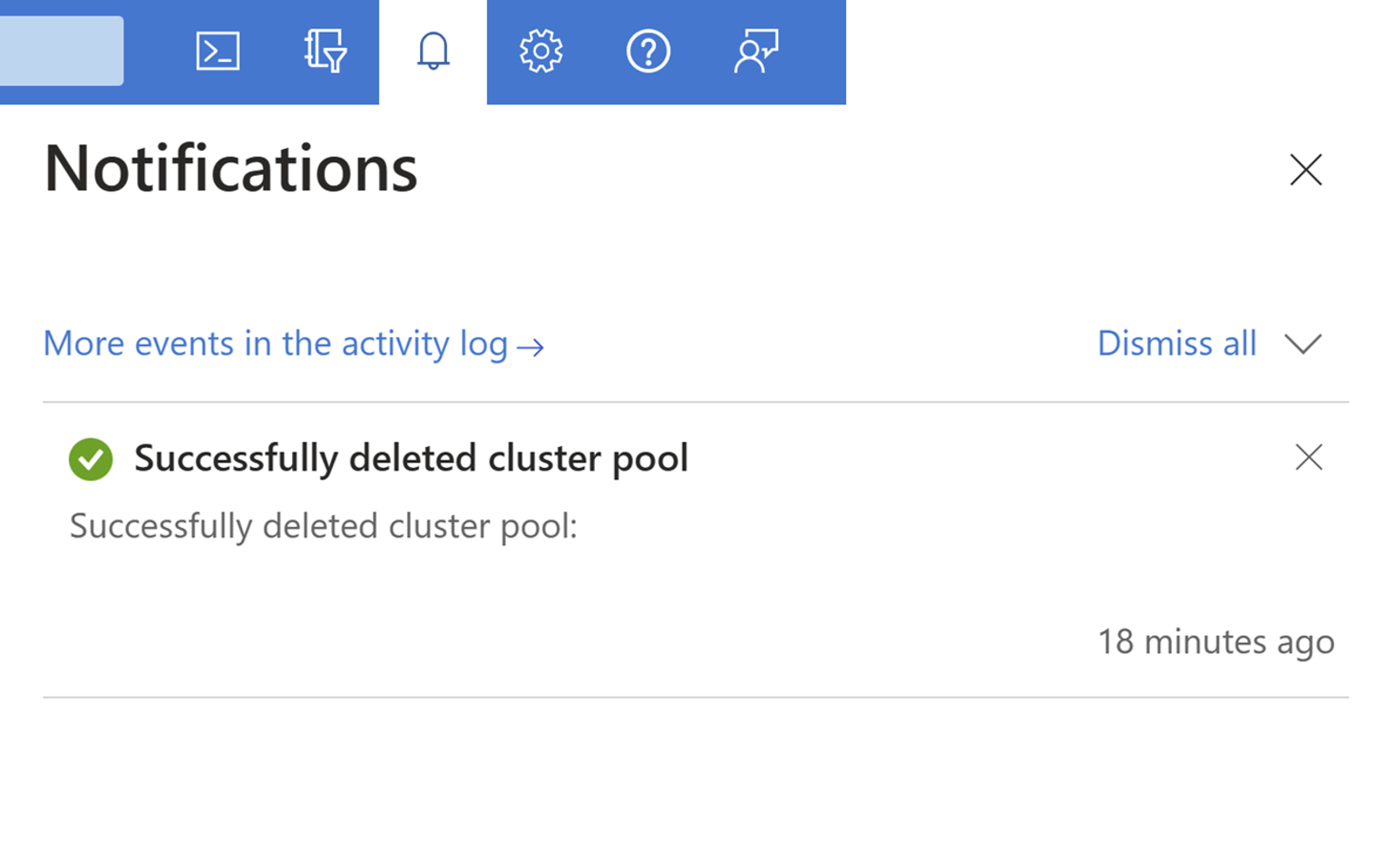 Screenshot che mostra un avviso di notifica relativo all'eliminazione di un pool di cluster completata.