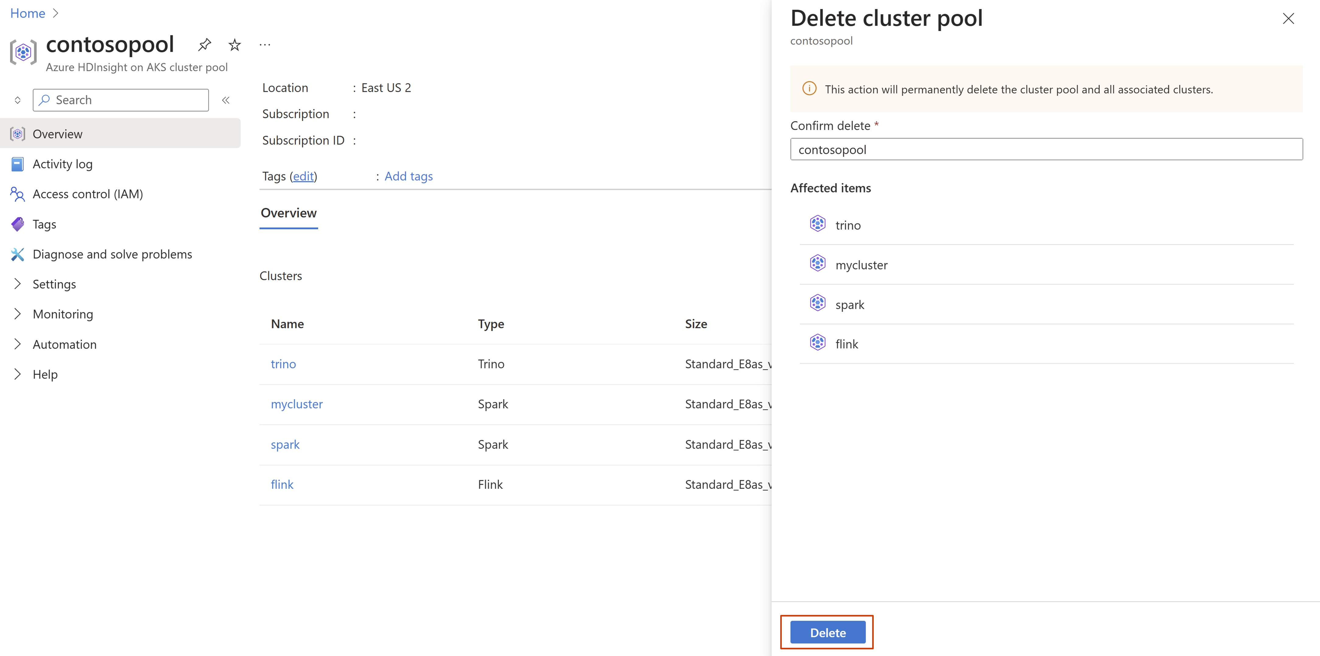 Screenshot che mostra come eliminare il pool di cluster e aggiornare il nome del pool di cluster dopo aver fatto clic su Elimina.