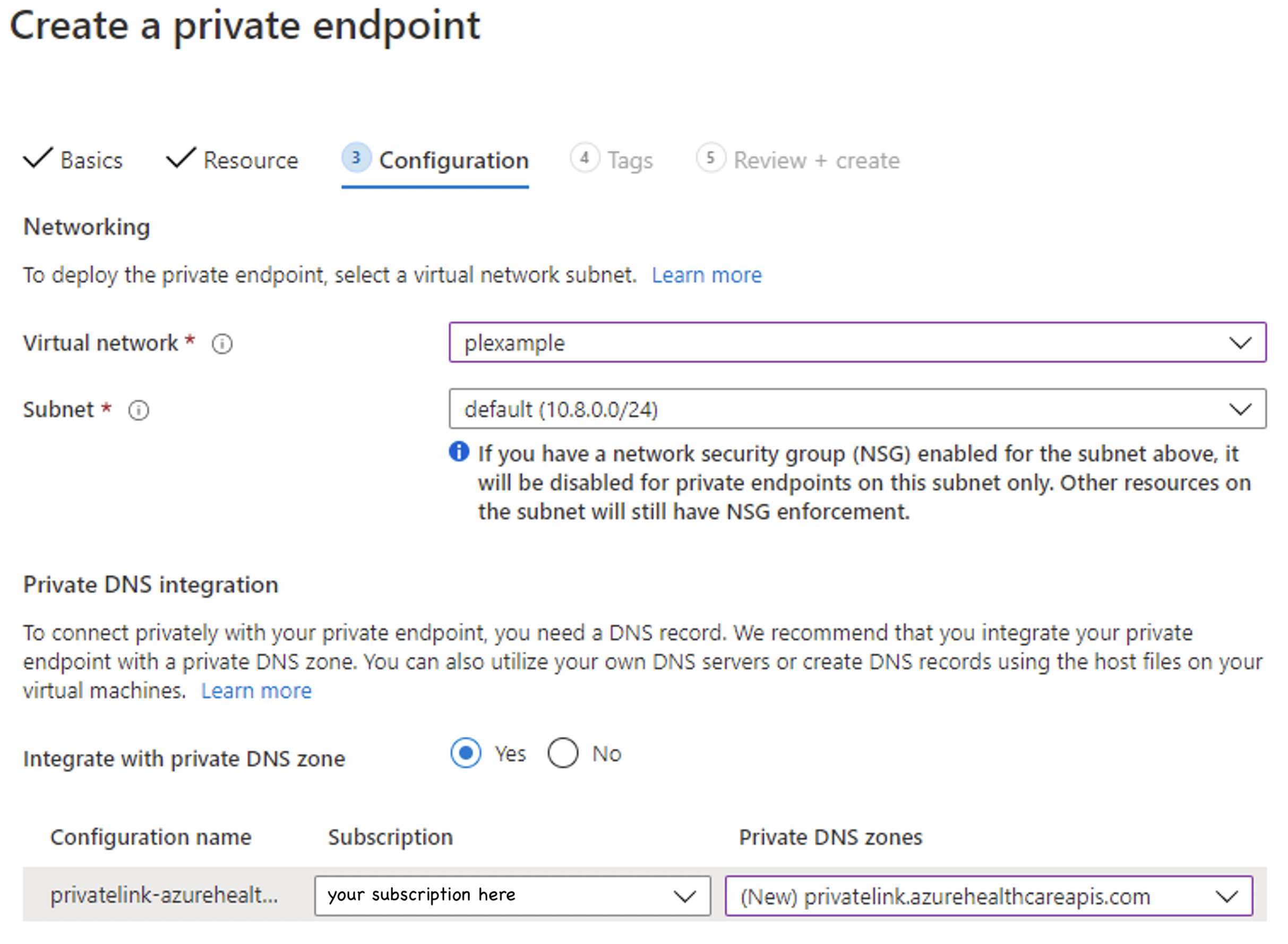 scheda Configurazione portale di Azure