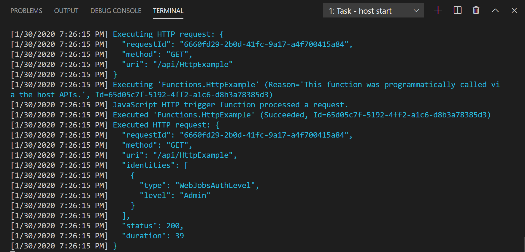 Avvio dell'host attività - Output del terminale di VS Code