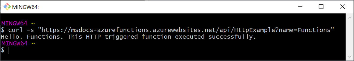 Output della funzione eseguita in Azure con curl