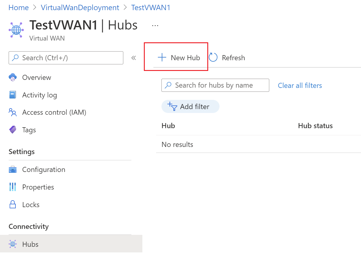 Screenshot che mostra la finestra di dialogo Di configurazione hub con l'opzione Nuovo hub selezionata.