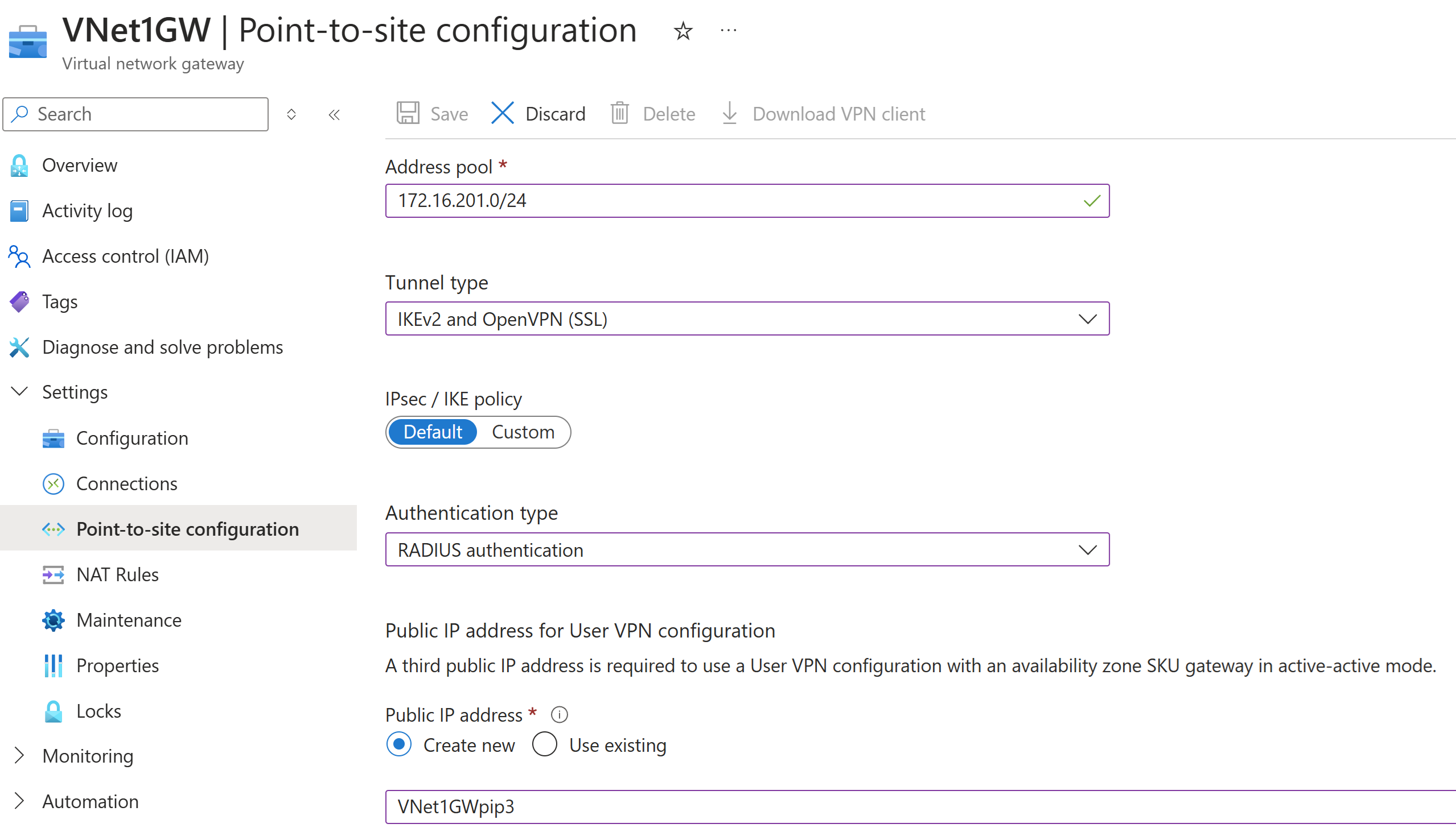 Screenshot che mostra la pagina di configurazione da punto a sito.