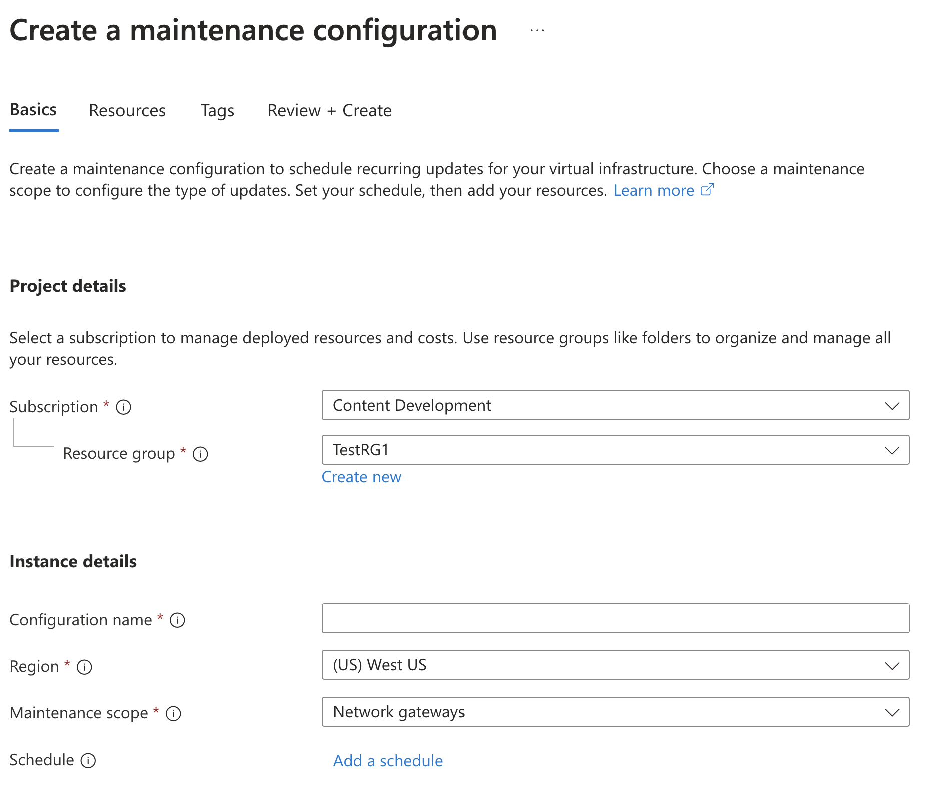 Screenshot of Maintenance Configurations page.