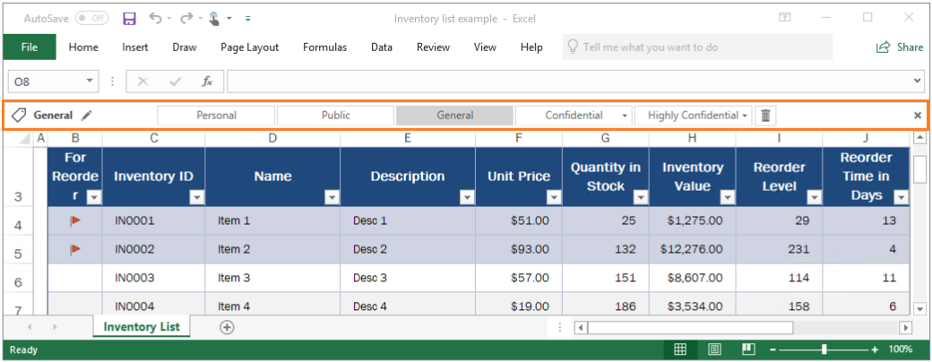 Esempio di barra di Azure Information Protection in Excel