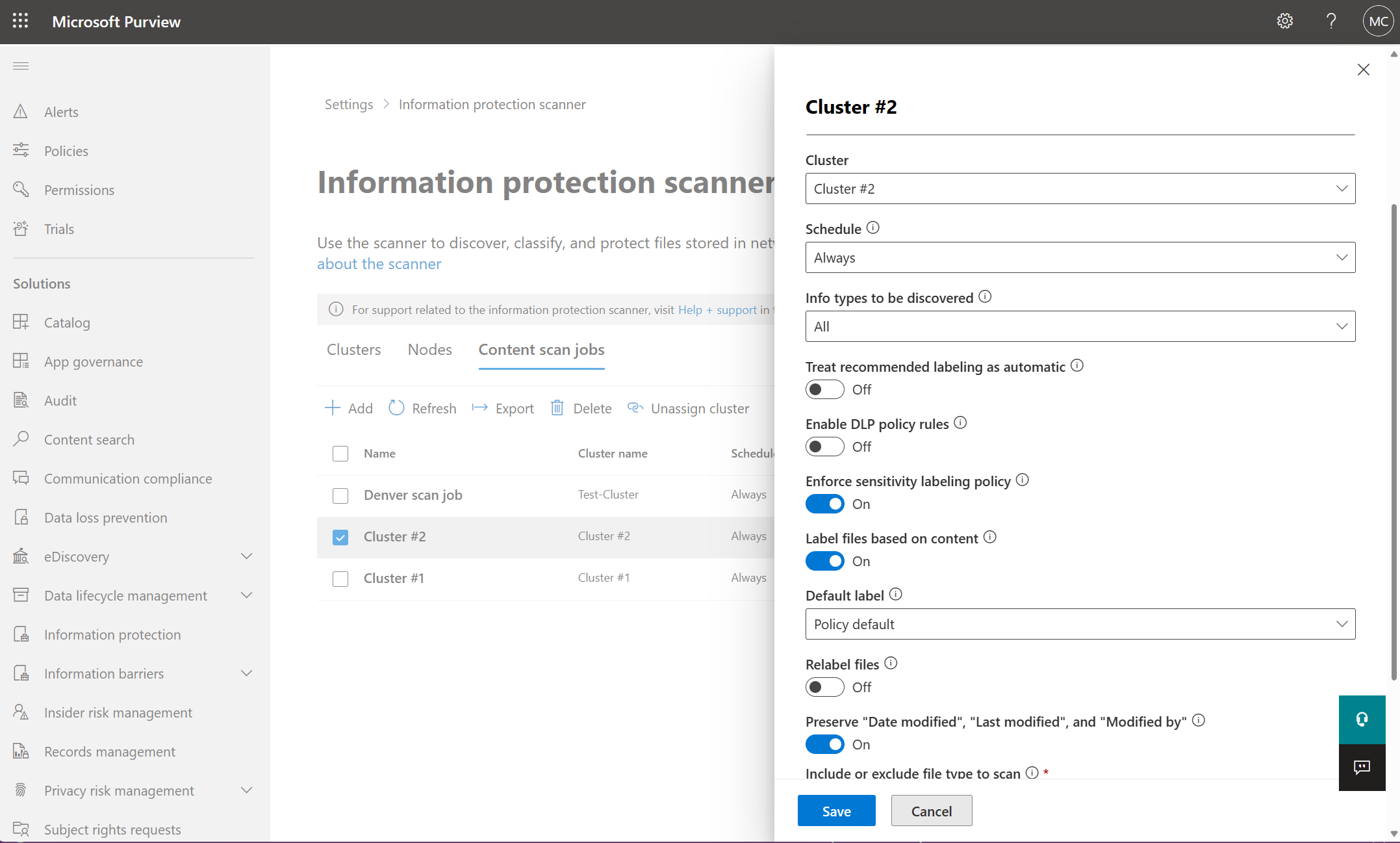 Screenshot di come configurare i processi di analisi del contenuto nello scanner di protezione delle informazioni.
