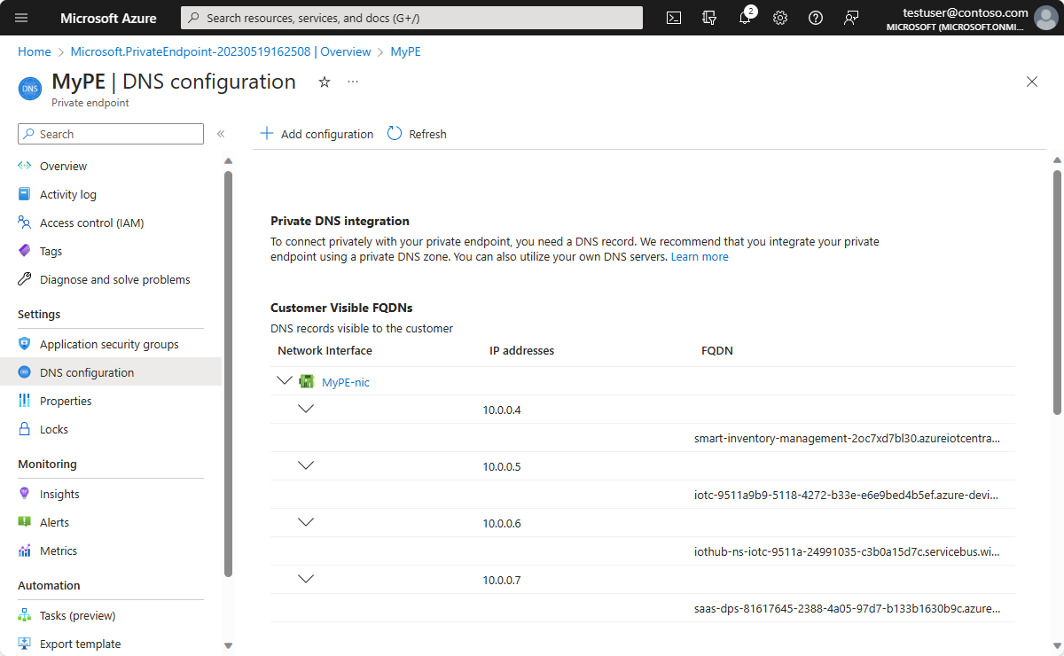 Screenshot del portale di Azure che mostra la configurazione DNS privata.