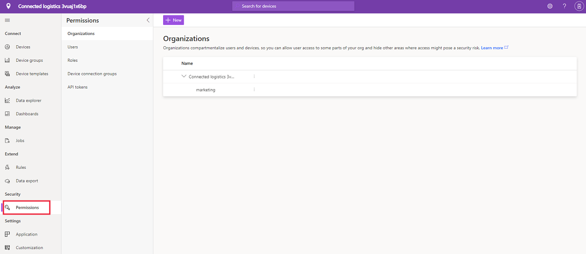 Screenshot della pagina Autorizzazioni in cui è possibile gestire l'accesso all'applicazione.