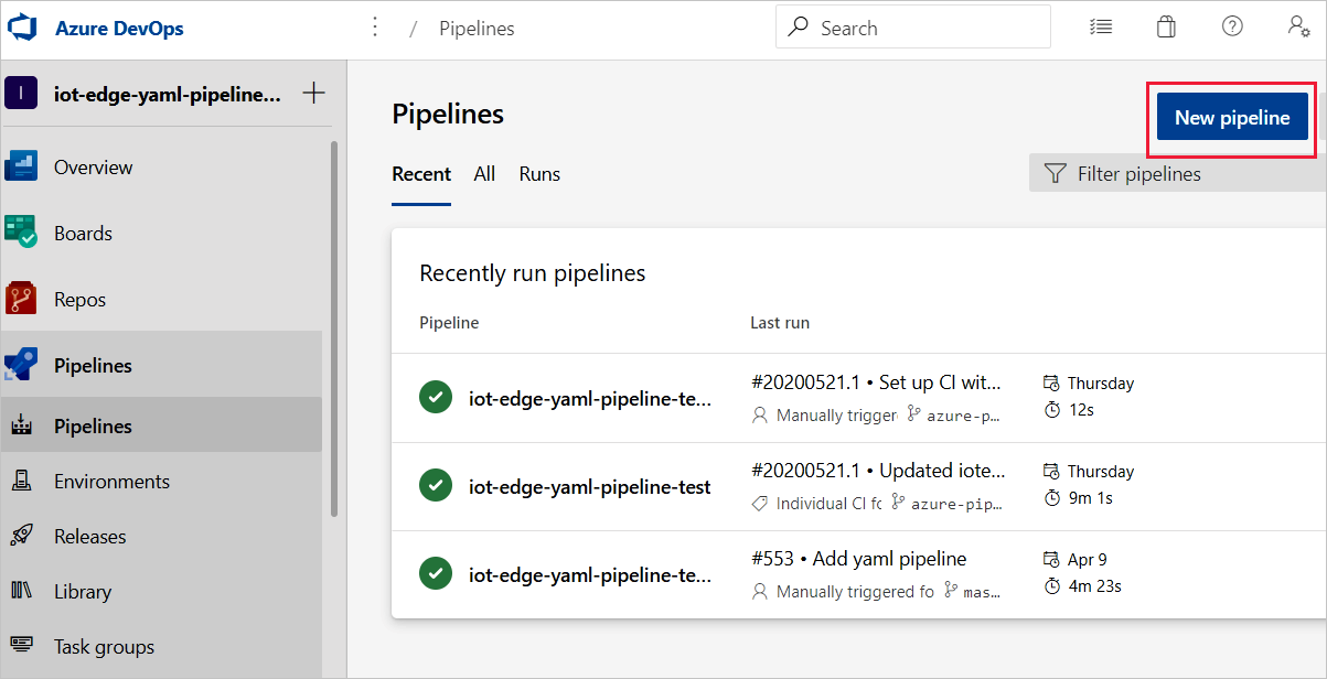 Screenshot che mostra come creare una nuova pipeline di compilazione usando il pulsante Nuova pipeline.