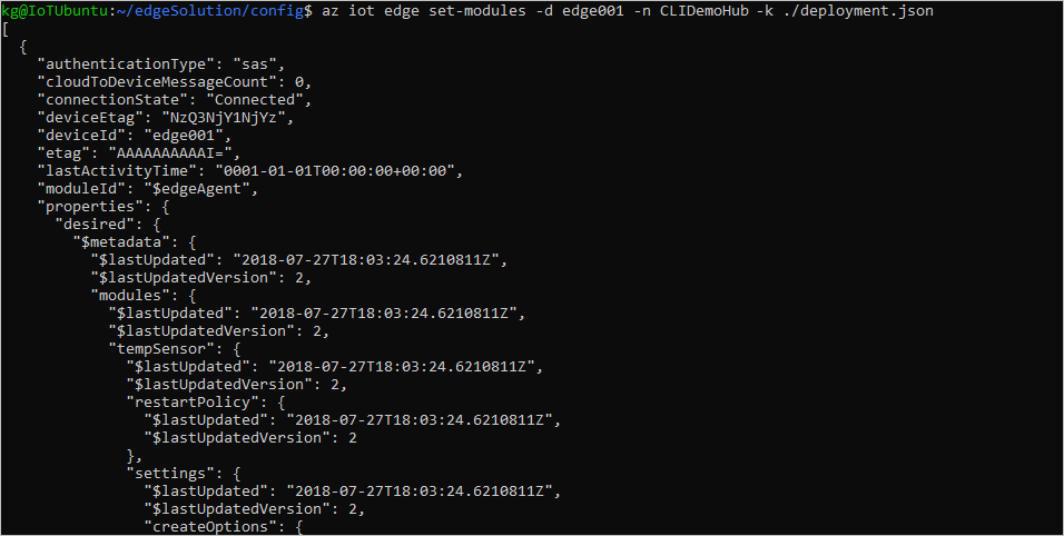 Screenshot che mostra l'output della riga di comando az iot edge set-modules.