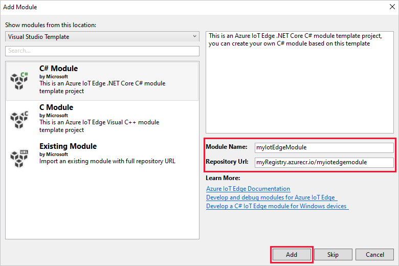 Screenshot dell'aggiunta di un'applicazione e di un modulo alla soluzione di Visual Studio