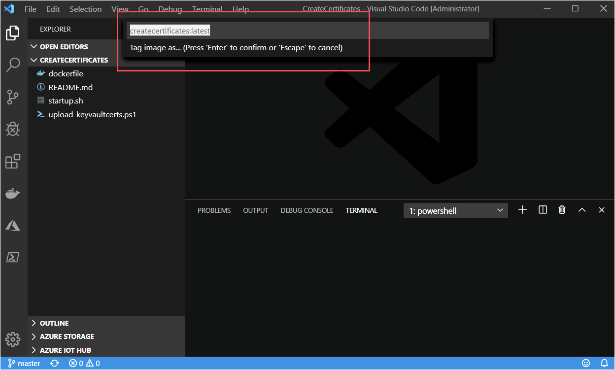 Screenshot che mostra la creazione di certificati in Visual Studio Code.