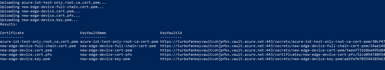 Screenshot che mostra Key Vault output dello script.