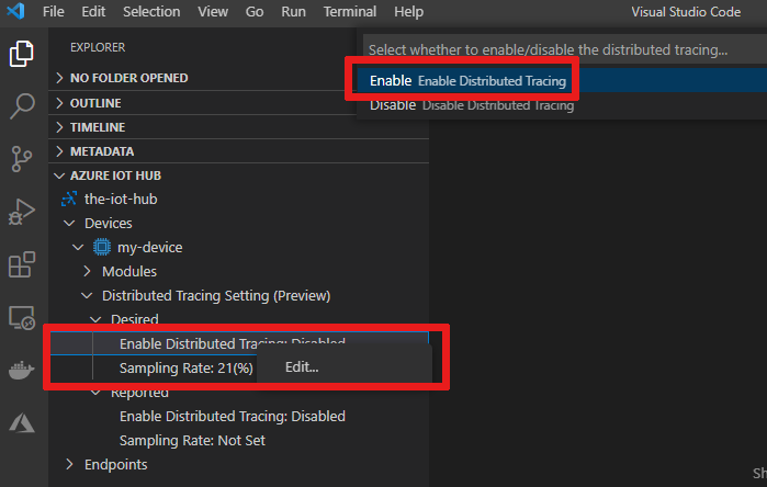 Screenshot che mostra come abilitare la traccia distribuita nell'estensione hub IoT di Azure.