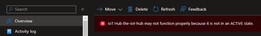 Screenshot di un errore dell'hub IoT che indica che non si trova in uno stato attivo.