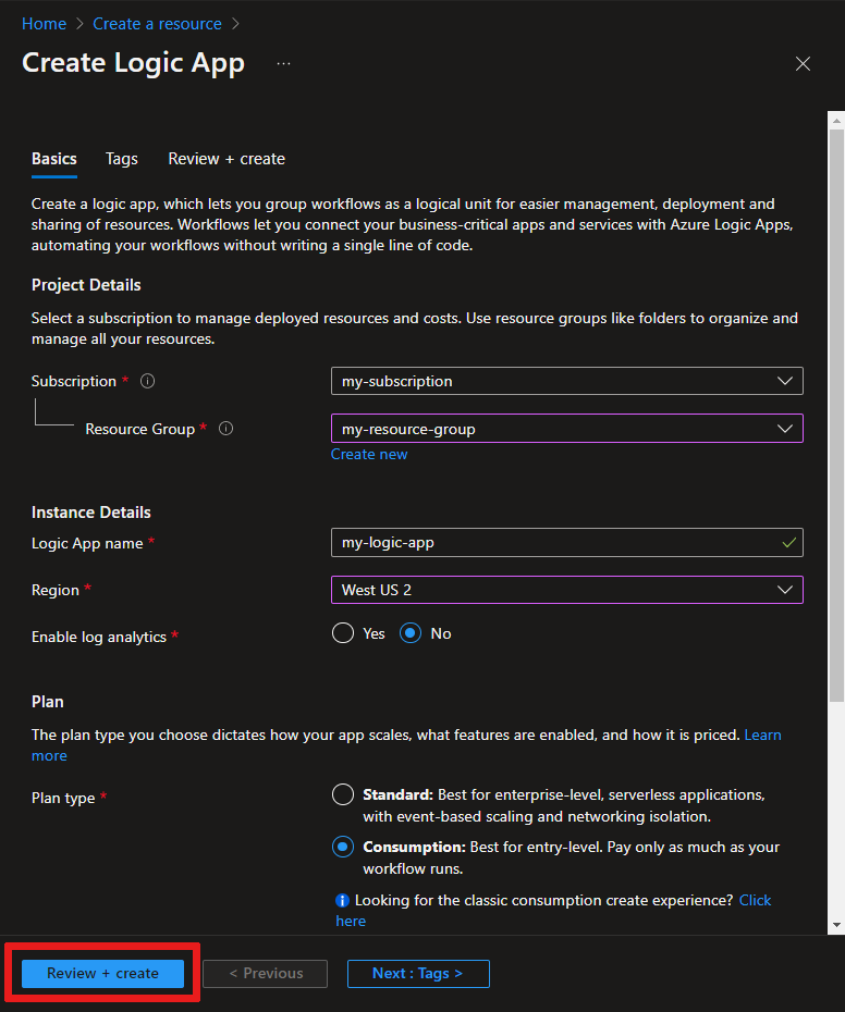 Screenshot che mostra come creare un'app per la logica nel portale di Azure.