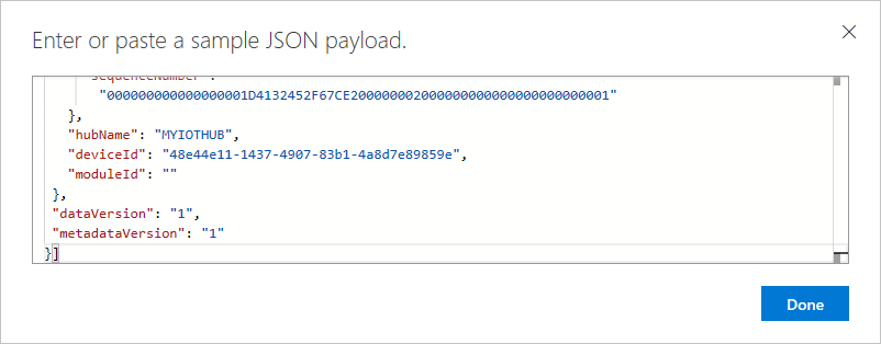 Screenshot del payload JSON di esempio incollato nella casella di testo in Azure.