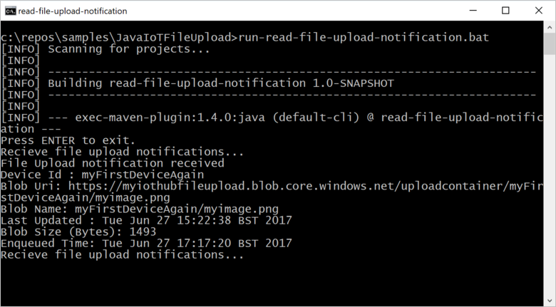 Output dell'app read-file-upload-notification